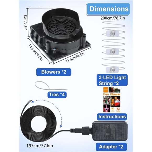 2 Pack Inflatable Fan Replacement, 3100RPM Air Blowers with 12V 1.2A Adapters - Picture 4 of 7